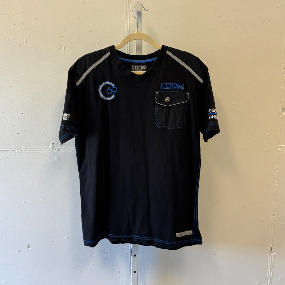 Coogi Australia Mens XXL Black V-Neck T-Shirt Tee Blue Contrast‎ Stitch